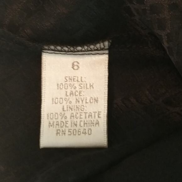 Kenar Silk Spaghetti Strap Dress Women's Sz 6 Black Eyelash Lace V Neck Pleated - Picture 14 of 16